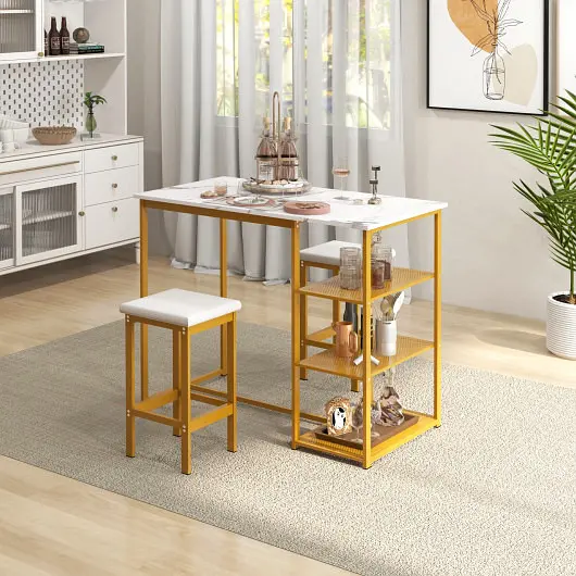 Costway Simple 3 Pieces Gold Bar Table Set 2 3-Tier Storage Shelves, Golden, JV10894GD