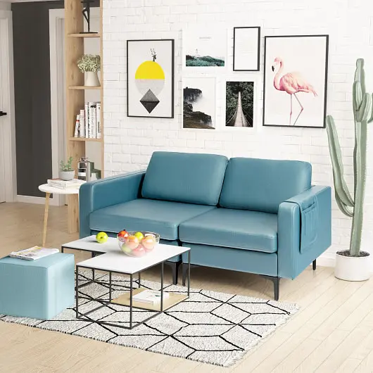 Costway Smooth Modern Loveseat Sofa Couch Side Storage Pocket and Sponged Padded Seat Cushions, Blue, HV10299NY-+HV10299NY-B