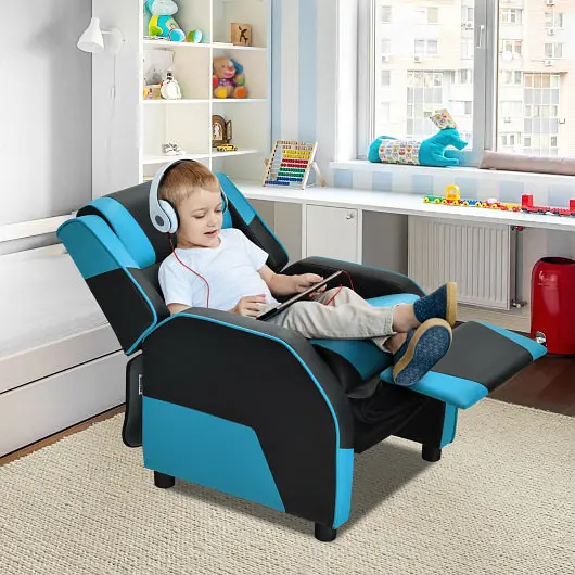 Costway Snap-On Kids Youth PU Leather Gaming Sofa Recliner Headrest and Footrest, Azure, HW66874BL