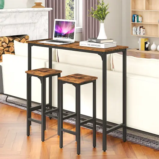 Costway Snap-On 3 Pieces Industrial Bar Table and Chairs Set Metal Frame, Rustic Brown, JV10596CF+JV10666CF-2