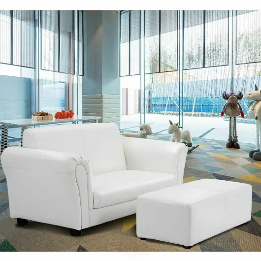 Costway Soft Kids Double Sofa Ottoman, White, HW54199WH