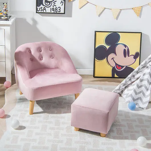 Costway Soft Velvet Upholstered Kids Sofa Chair Ottoman, Pink, HV10296PI