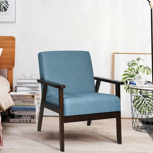 Costway Solid Natural Rubber Wood Fabric Accent Armchair, Blue, HW65639NY