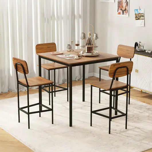 Costway Solid 5 Pieces Industrial Dining Table Set Counter Height Table and 4 Bar Stools, Dark Brown, KC54181WT