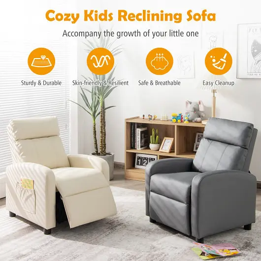 Costway Specialty Ergonomic PU Leather Kids Recliner Lounge Sofa 3-12 Age Group, White, HV10099SA