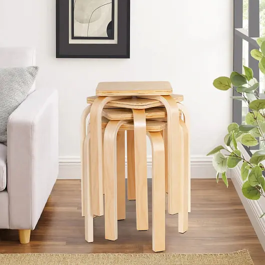 Costway Stackable Stools Set 4 Square Top and Roundedecorners, Natural, JV10474NA-4