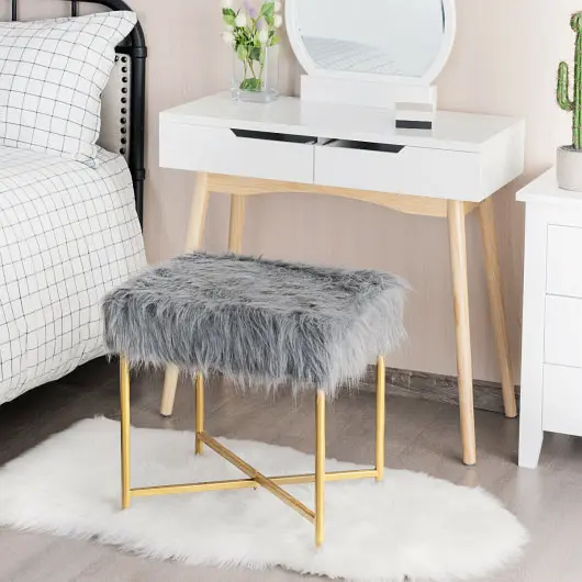 Costway Superior Faux Fur Ottoman decorative Stool Metal Legs, HW63935GR