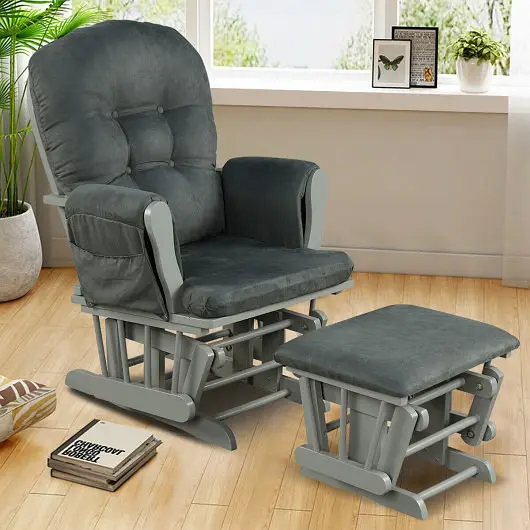 Costway Super-Strong Wood Glider and Ottoman Set Padded Armrests and Detachable Cushion, Dark Gray, JV10930GR