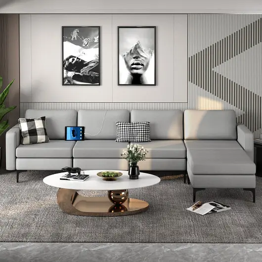 Costway Time-Tested Modular L, Influenced Sectional Sofa Reversible Ottoman and 2 USB Ports, Light Gray, HV10299SL-+B+E+D