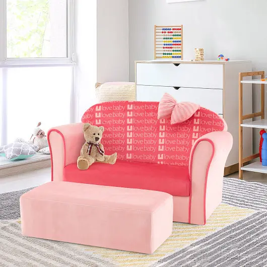 Costway Ultra Soft Velvet Kids Sofa Chair Toddler Couch Ottoman, Clevis Pink, HY10212PI