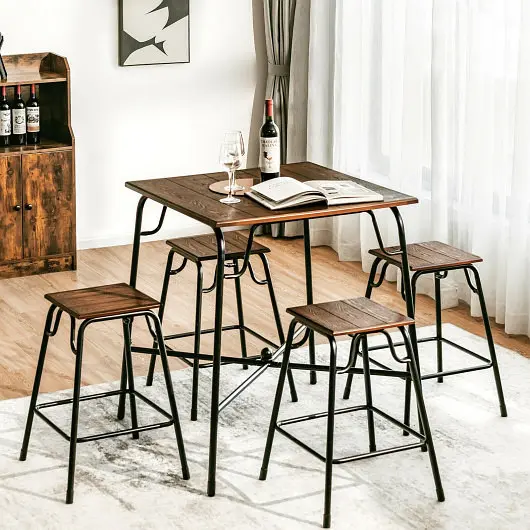 Costway 5 Units Bar Table Set 4 Counter Height Backless Stools, Rustic Bronze, JV10352CF