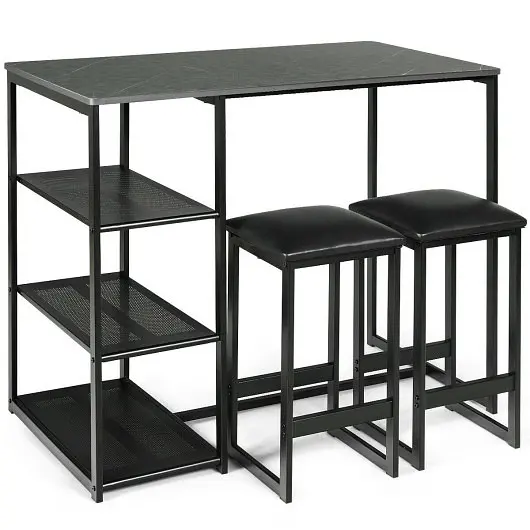 Costway 3 Units Dining Set Faux Marble Top Table and 2 Stools, Black, HW67556BK