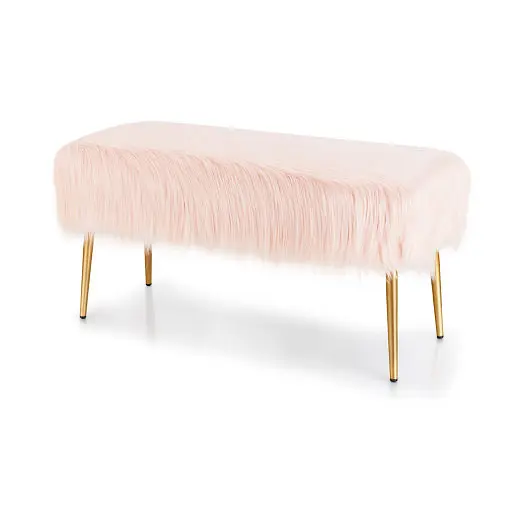 Costway Upholstered Faux Fur Vanity Stool Golden Legs Makeup Room, Split Magenta, JV10355PI