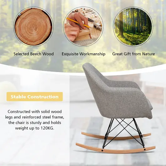 Costway Upholstered Rocking Arm Chair Solid Steel Wood Leg, Gray, HW66368GR