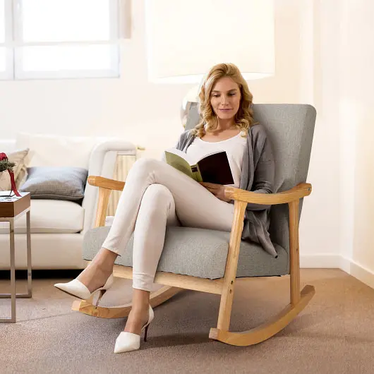 Costway Upholstered Rocking Chair Pillow and Rubber Wood Frame, Gray, JV10712GR