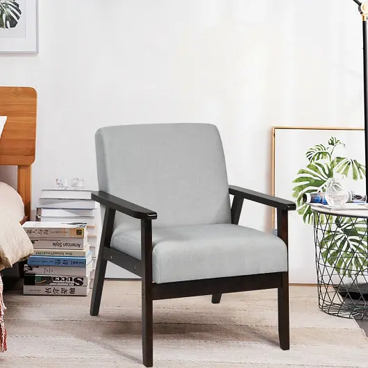 Costway UV-Resistant Solid Rubber Wood Fabric Accent Armchair, Light Gray, HW65639SL