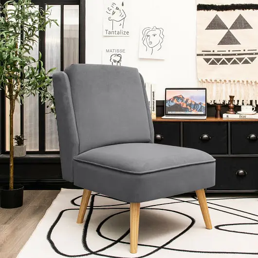 Costway Velvet Accent Armless Side Chair Rubber Wood Legs Bedroom, Gray, HW67580HS