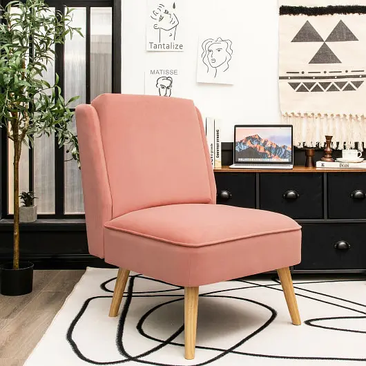 Costway Velvet Accent Armless Side Chair Rubber Wood Legs Bedroom, Taper Pink, HW67580PK