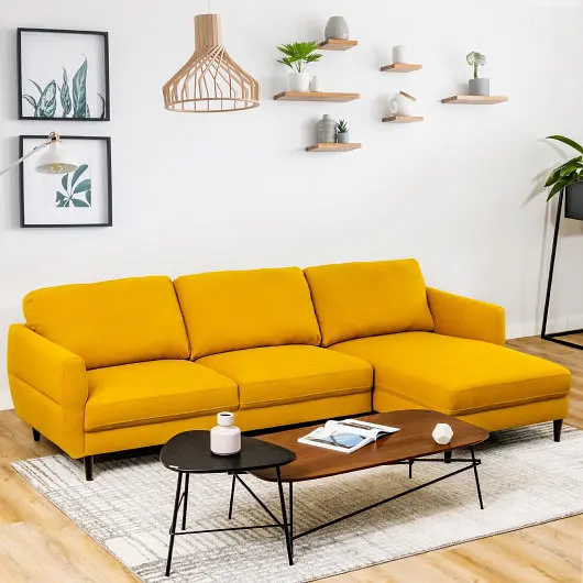 Costway Versatile L, Influenced Fabric Sectional Sofa Chaise Lounge and Solid Wood Legs, Bright Yellow, HV10185WL-YE+