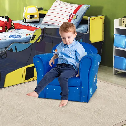Costway Waterproof Toddler Upholstered Armchair Solid Wooden Frame and High-density Sponge Filling, Blue, HY10199