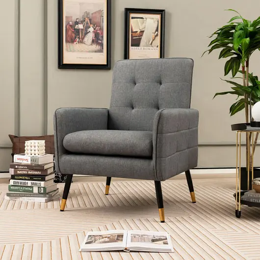 Costway Weather-Resistant Linen Fabric Accent Chair Removable Seat Cushion, Gray, HV10505GR