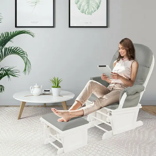 Costway Wood Baby Glider and Ottoman Cushion Set Padded Armrests Nursing, Light Slate Gray, JV10931SL
