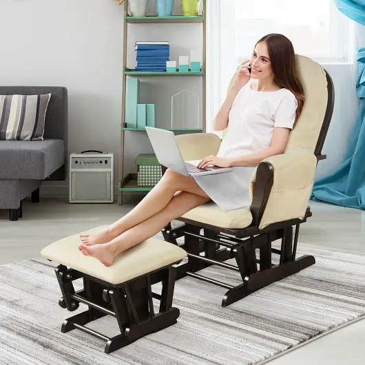 Costway Wood Glider and Ottoman Set Padded Armrests and Detachable Cushion, Beige, JV10394BE