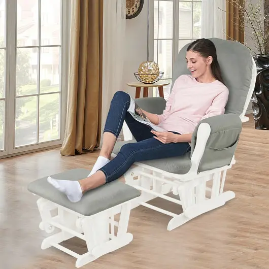 Costway Wood Glider and Ottoman Set Padded Armrests and Detachable Cushion, Light Gray, JV10394SL