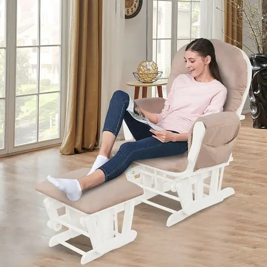 Costway Wood Glider and Ottoman Set Padded Armrests and Detachable Cushion, Grooved Pink, JV10394PI