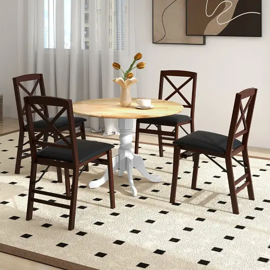 Costway Wooden Dining Table Round Tabletop and Curved Trestle Legs, Raw & Snow White, KC55732SO