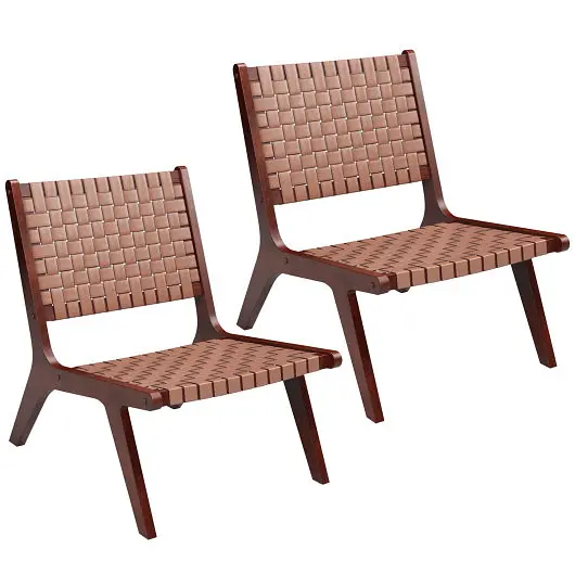 Costway Woven Leather Accent Chairs Wood Frame, Set 2, JV11137BN-2