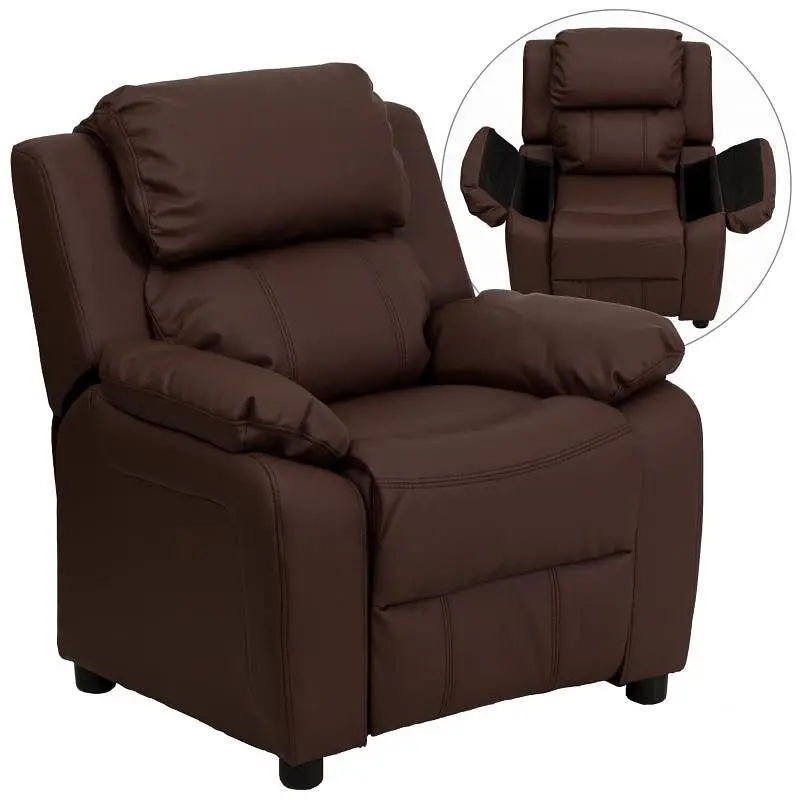 Flash All-Weather Furniture Charlie Deluxe Padded Contemporary Brown LeatherSoft Kids Recliner Storage Arms, BT-7985-KID-B...