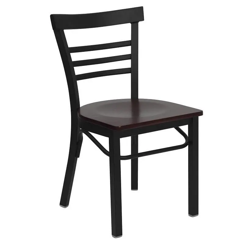 Flash Biodegradable Furniture HERCULES Series Jet Black Three-Slat Ladder Back Metal Restaurant Chair - Mahogany Wood Seat...