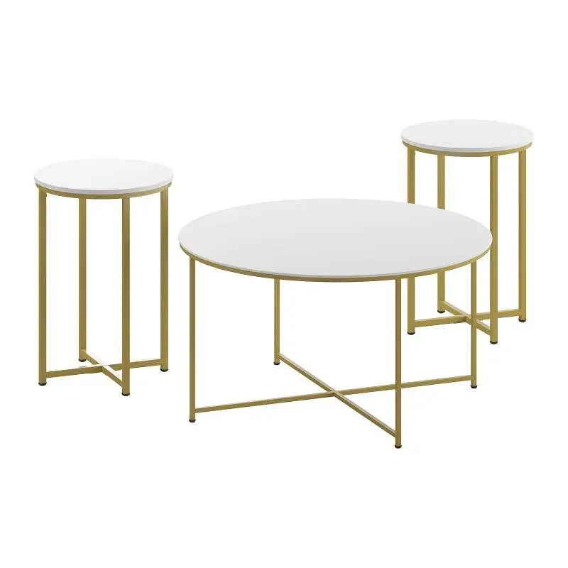 Flash Certified-Safe Furniture Hampstead Gatherion Coffee & End 3 Piece Table Set - White Laminate Top Brushed Gold Cr...