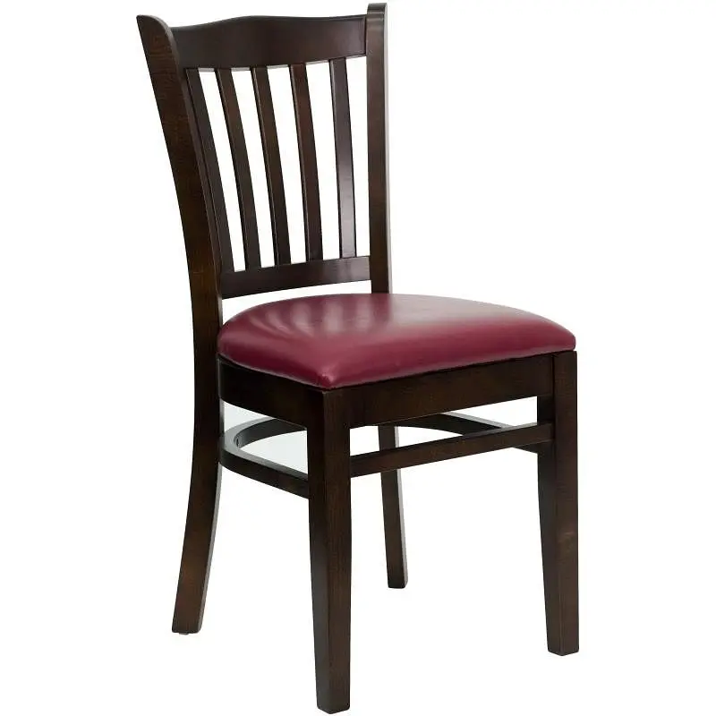Flash Compact Furniture HERCULES Series Vertical Slat Back Walnut Wood Restaurant Chair - Burgundy Vinyl Seat, XU-DGW0008V...