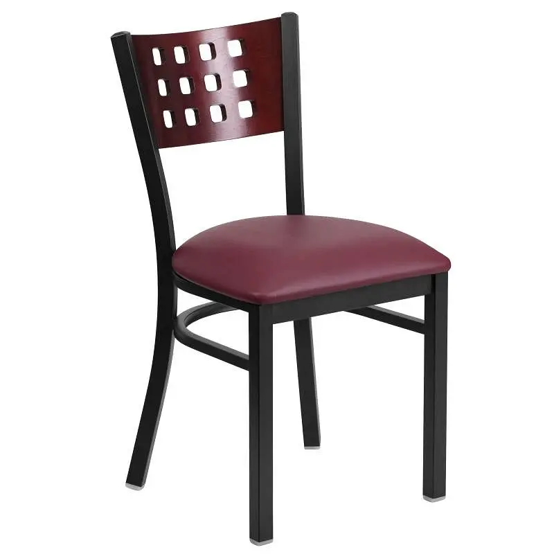 Flash Durable Furniture HERCULES Series Onyx Cutout Back Metal Restaurant Chair - Mahogany Wood Back, Burgundy Vinyl Seat,...