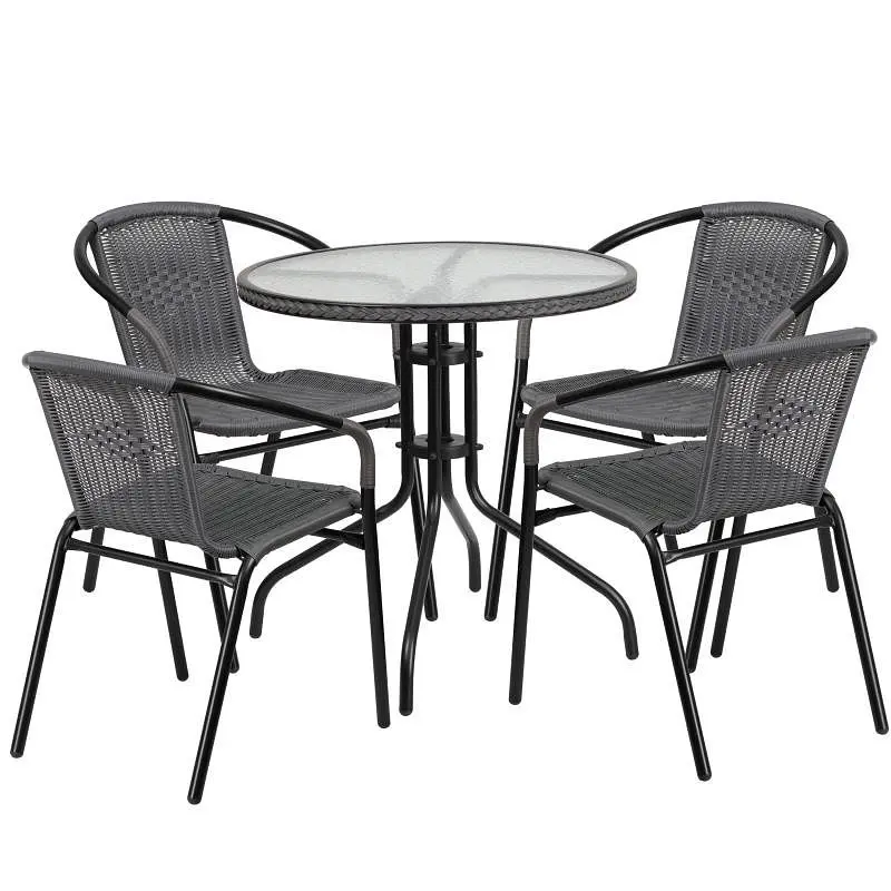 Flash Easy Furniture Lila 28'' Round Glass Metal Table Gray Rattan Edging and 4 Gray Rattan Stack Chairs, TLH-08...