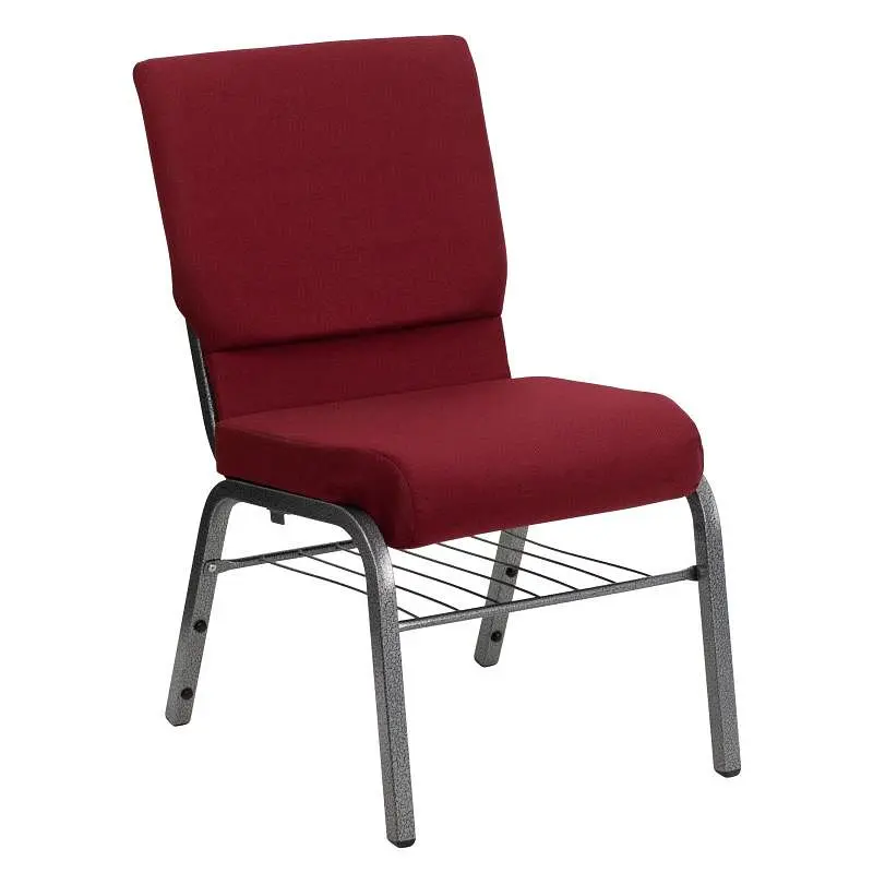 Flash Fast Furniture HERCULES Series 18.5''W Church Chair Burgundy Fabric Book Rack - Brushed Silver Vein Frame,...