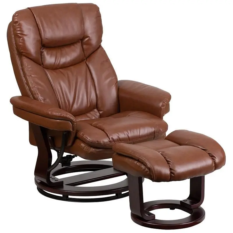 Flash Furniture Allie Contemporary Multi-Position Recliner and Curved Ottoman Swivel Mahogany Wood Base Walnut Vintage Lea...