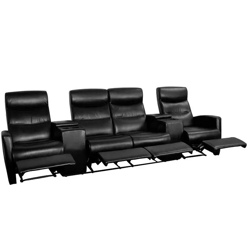 Flash Furniture Anetos Series 4-Seat Reclining Onyx LeatherSoft Theater Seating Unit Cup Holders, BT-70273-4-BK-GG