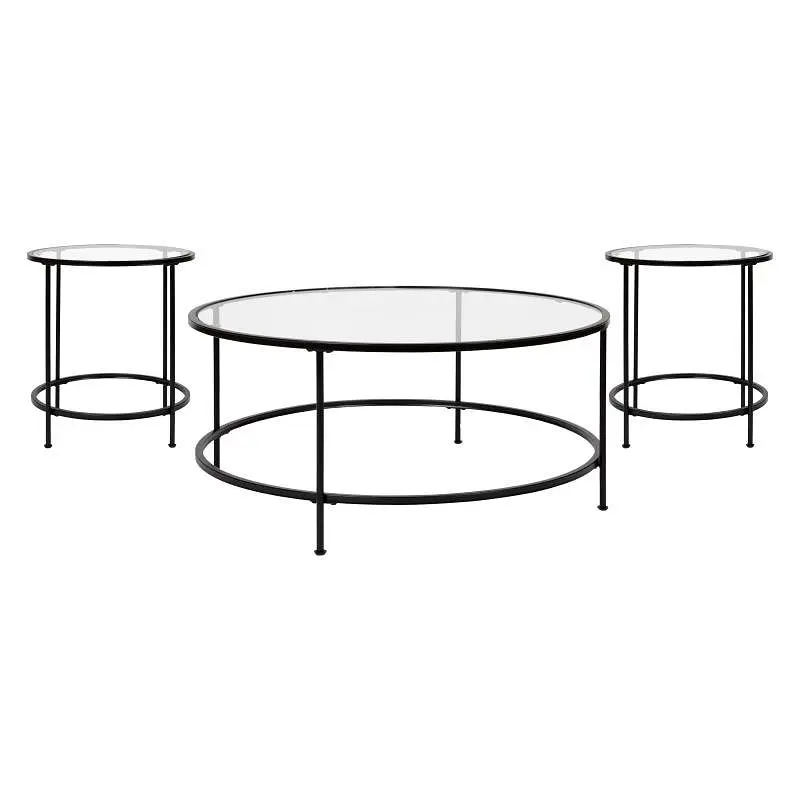 Flash Furniture Astoria Gatherion Coffee & End Table 3 Piece Occasional Set, Clear Glass Top Round Matte Black Frame, ...