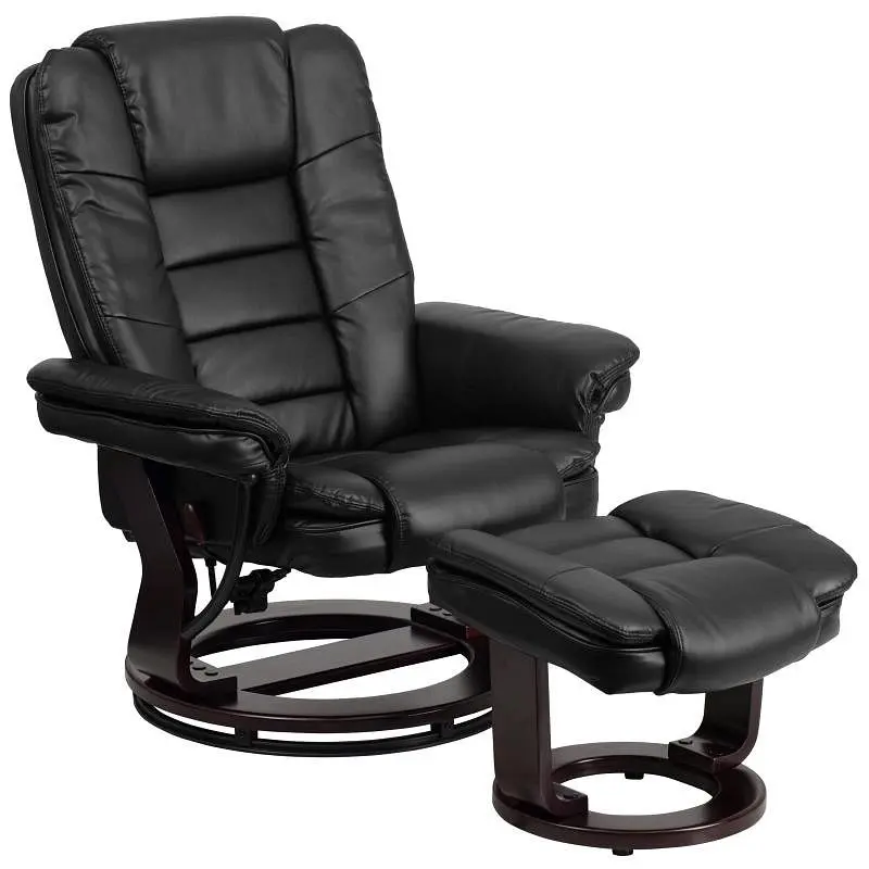Flash Furniture Bali Contemporary Multi-Position Recliner & Ottoman Swivel Mahogany Wood Base Jet Black LeatherSoft, B...
