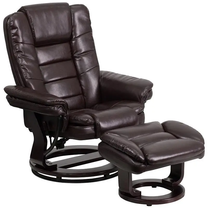 Flash Furniture Bali Contemporary Multi-Position Recliner & Ottoman Swivel Mahogany Wood Base Brown LeatherSoft, BT-78...