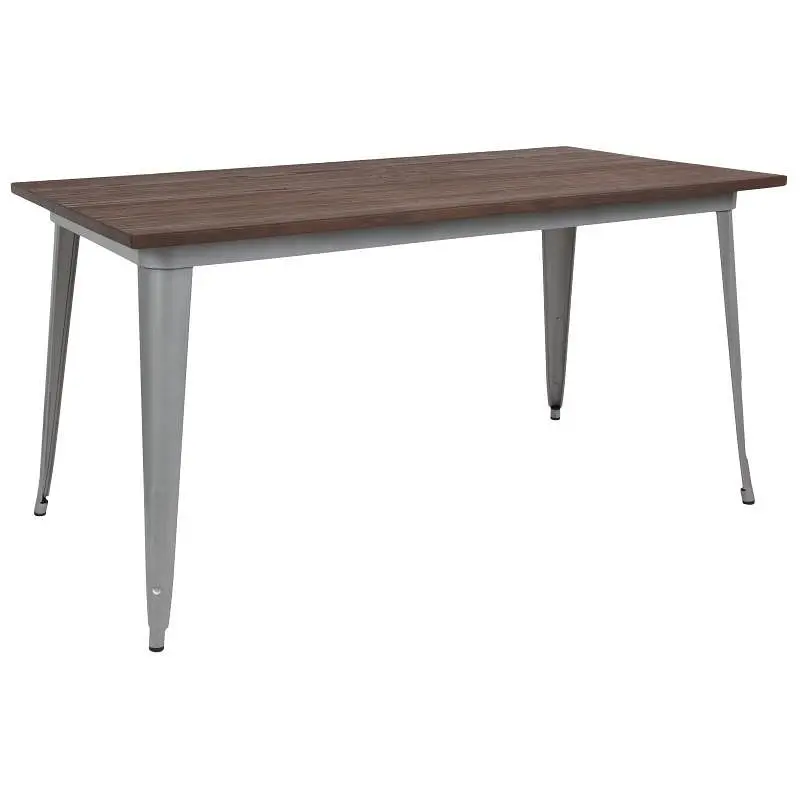 Flash Precision Furniture Kenneth 30.25" x 60" Rectangular Silver Metal Indoor Table Walnut Rustic Wood Top, CH-...