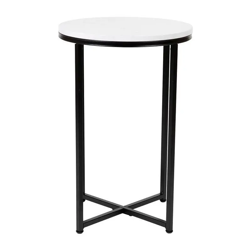 Flash Pro-Series Furniture Hampstead Gatherion End Table - Modern White Marble Finish Accent Table Crisscross Matte Onyx F...