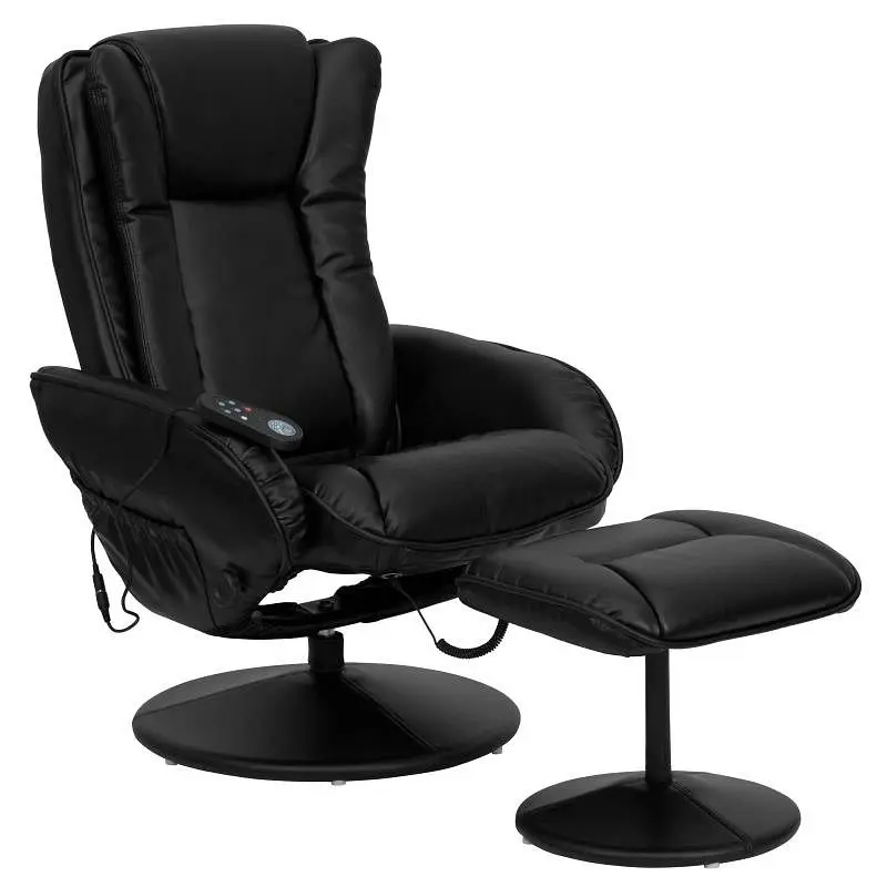 Flash Quality Furniture Poppy Massaging Multi-Position Plush Recliner Side Pocket and Ottoman Black LeatherSoft, BT-7672-M...