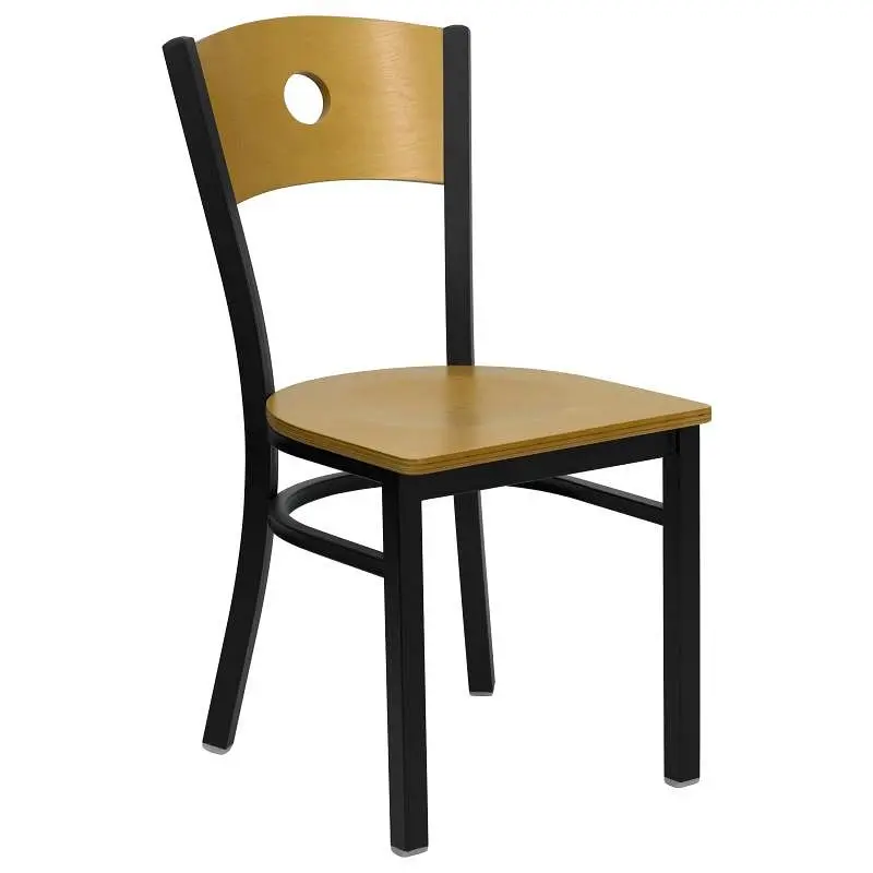 Flash Quick-Connect Furniture HERCULES Series Midnight Black Circle Back Metal Restaurant Chair - Natural Wood Back and Se...