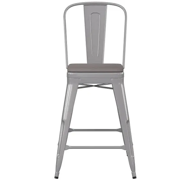 Flash Ready-to-Use Furniture Kai Commercial 24" High Silver Metal Indoor-Outdoor Counter Height Stool, Removable Back...