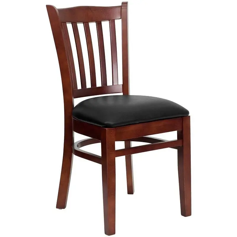 Flash Reliable Furniture HERCULES Series Vertical Slat Back Mahogany Wood Restaurant Chair - Black Vinyl Seat, XU-DGW0008V...