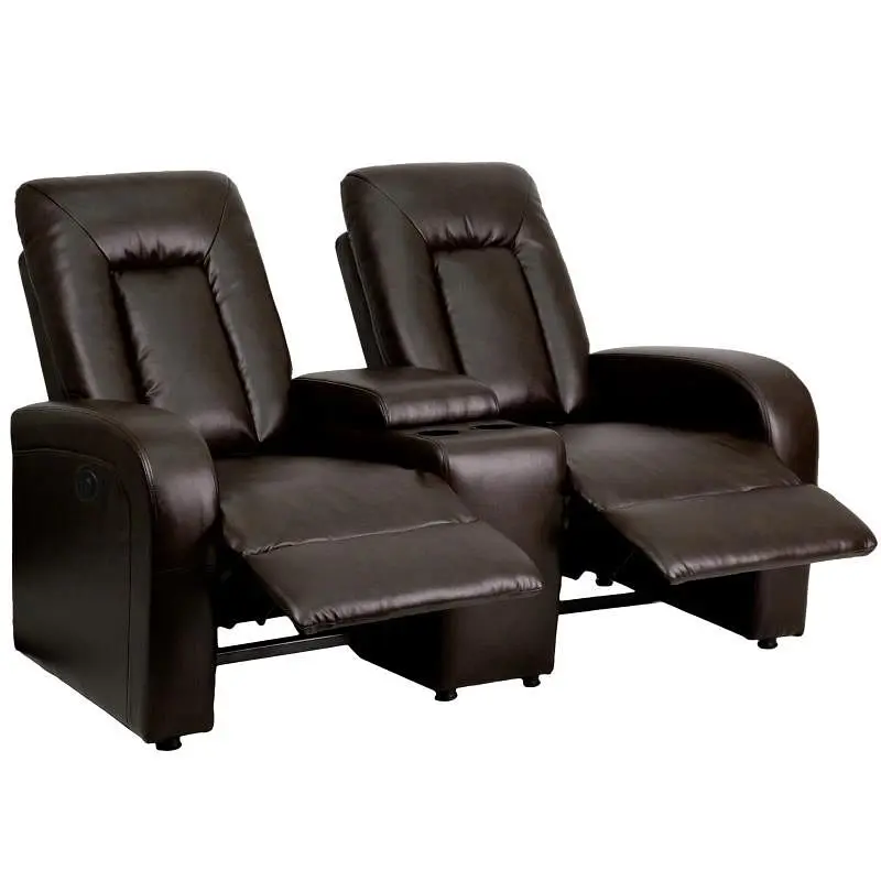 Flash Rugged Furniture Eclipse Series 2-Seat Push Button Motorized Reclining Brown LeatherSoft Theater Seating Unit Cup Ho...